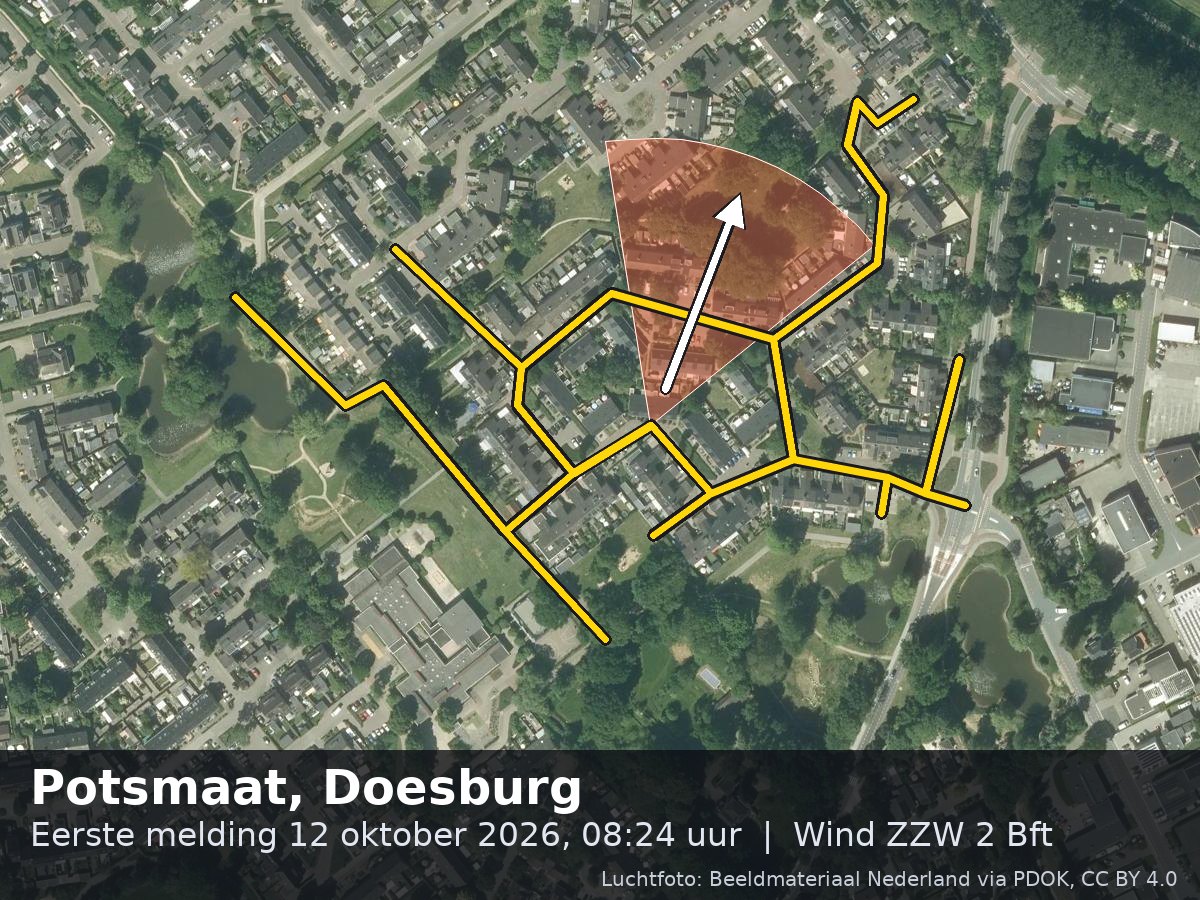 Luchtfoto van de omgeving van de Potsmaat in Doesburg met windrichting