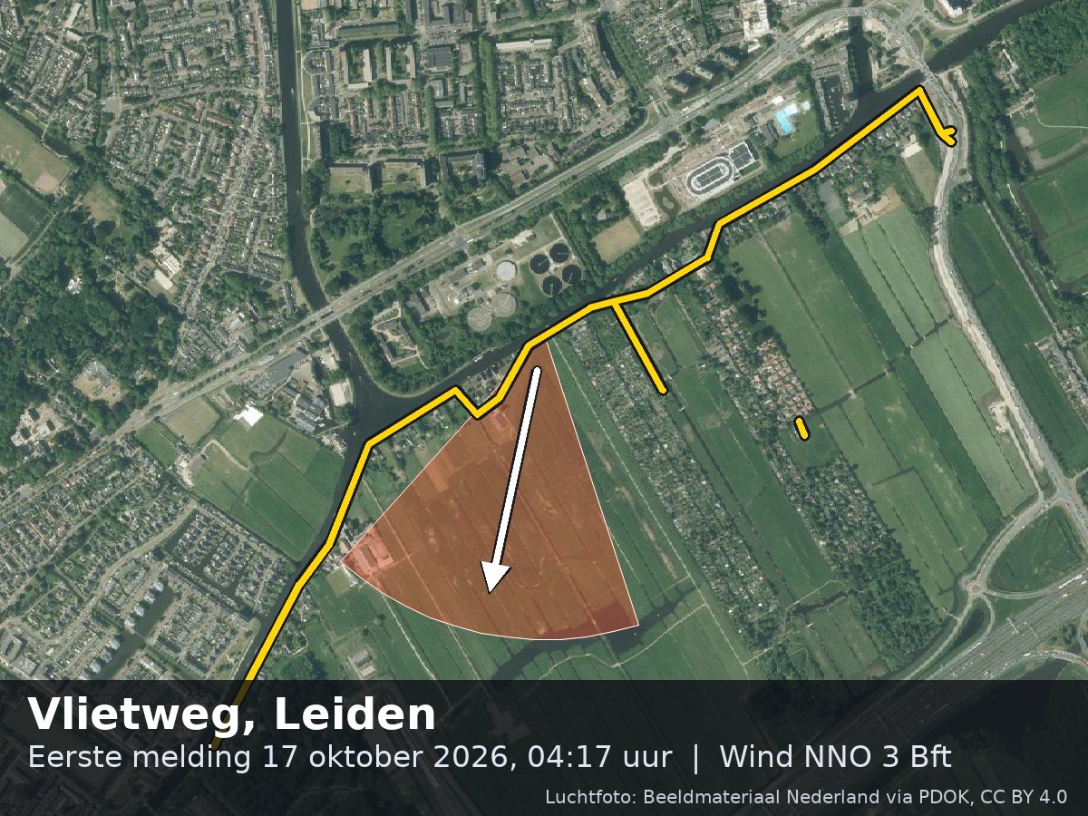 Luchtfoto van de omgeving van de Vlietweg in Leiden met windrichting