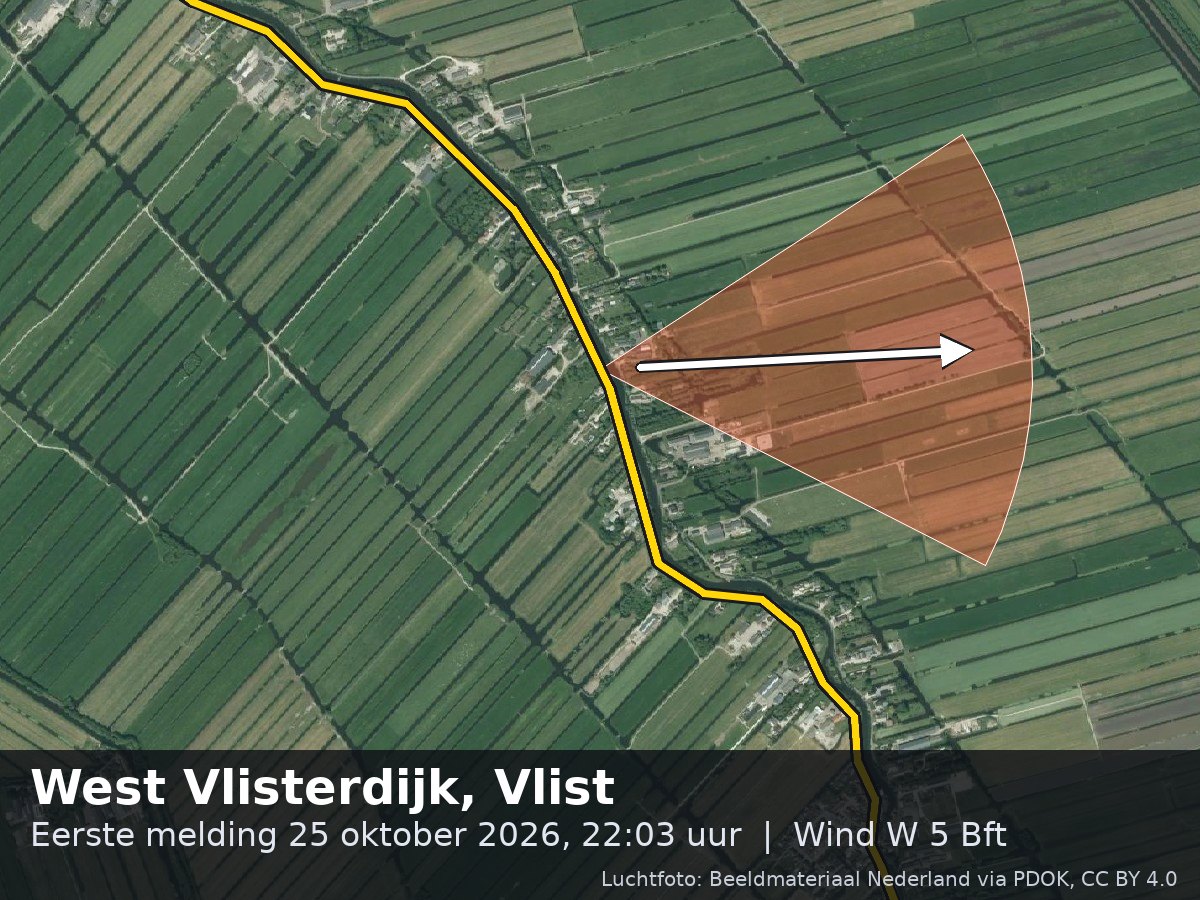 Luchtfoto van de omgeving van de West Vlisterdijk in Vlist met windrichting