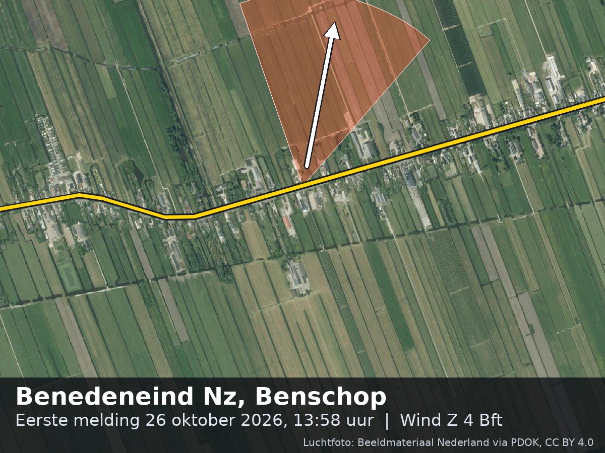 Luchtfoto van de omgeving van de Benedeneind Nz in Benschop met windrichting