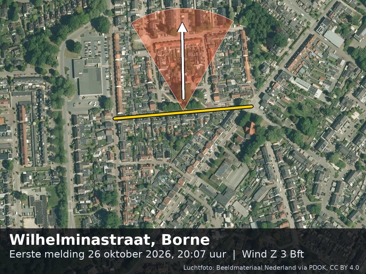 Luchtfoto van de omgeving van de Wilhelminastraat in Borne met windrichting