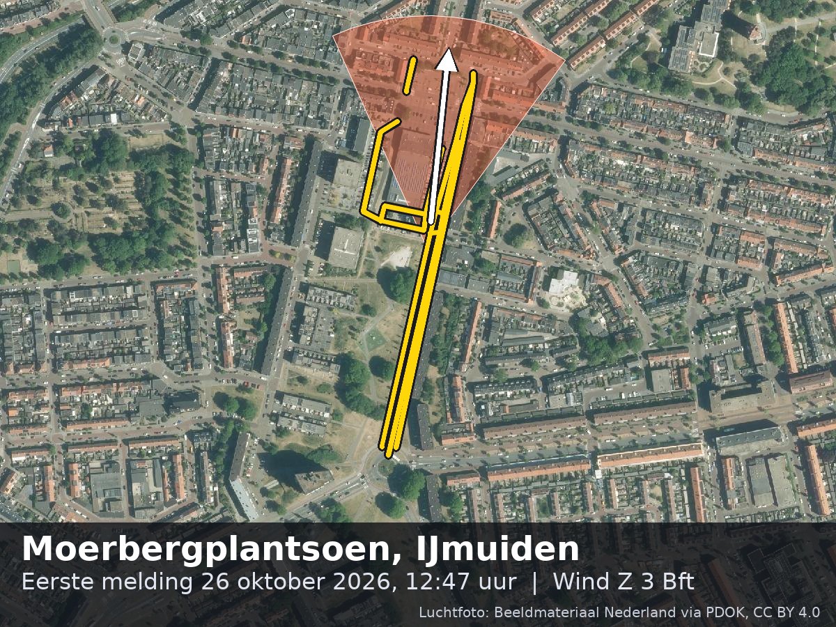 Luchtfoto van de omgeving van de Moerbergplantsoen in IJmuiden met windrichting