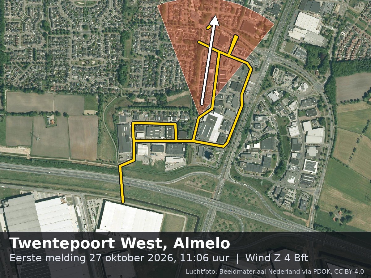 Luchtfoto van de omgeving van de Twentepoort West in Almelo met windrichting