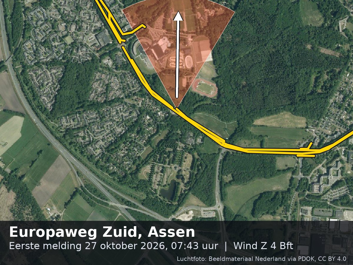 Luchtfoto van de omgeving van de Europaweg Zuid in Assen met windrichting