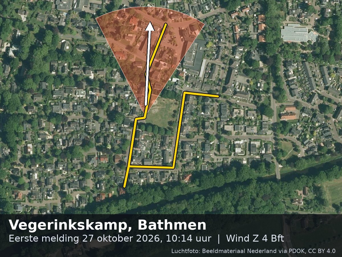 Luchtfoto van de omgeving van de Vegerinkskamp in Bathmen met windrichting