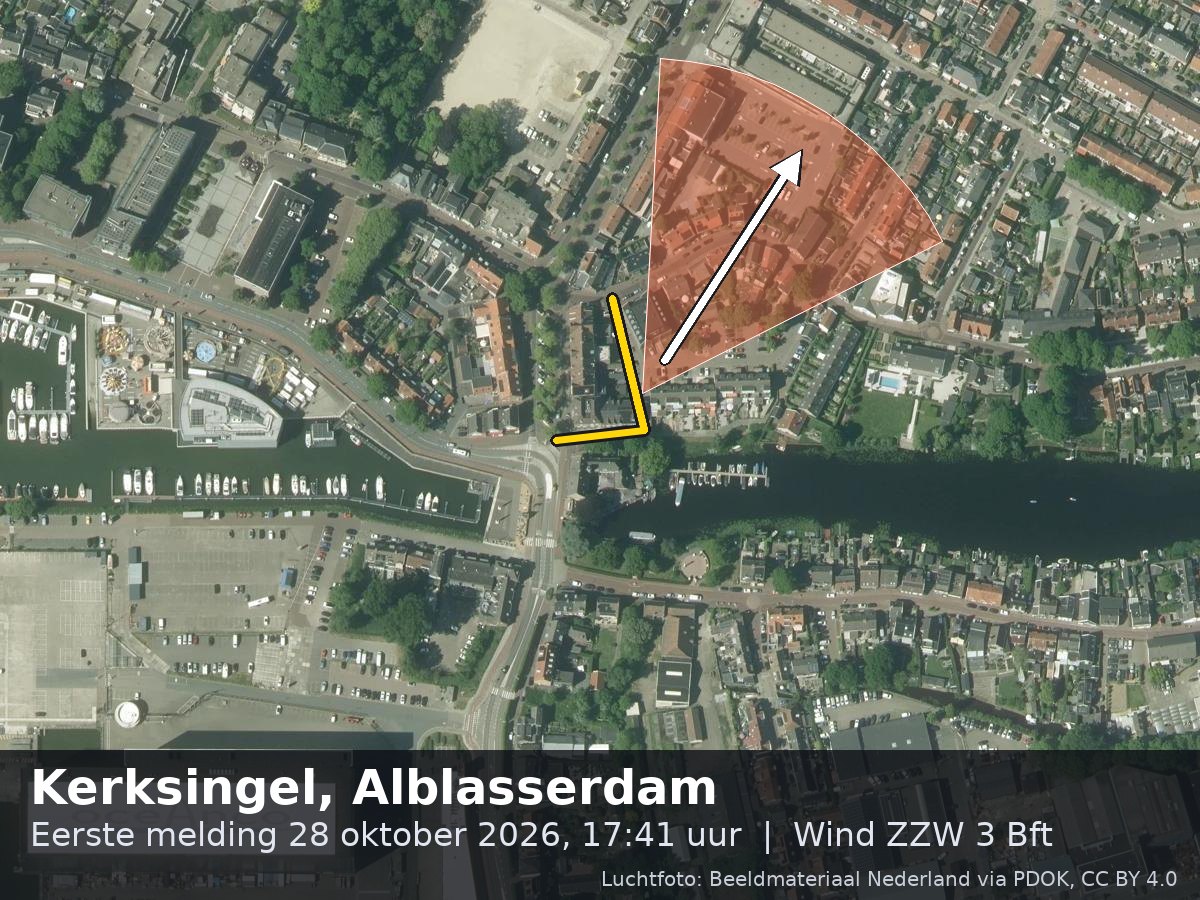 Luchtfoto van de omgeving van de Kerksingel in Alblasserdam met windrichting