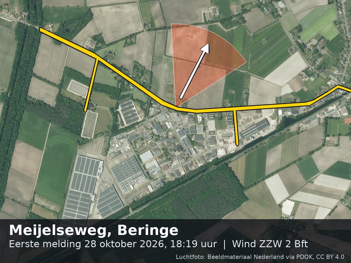 Luchtfoto van de omgeving van de Meijelseweg in Beringe met windrichting