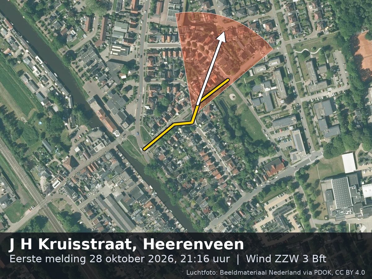 Luchtfoto van de omgeving van de J H Kruisstraat in Heerenveen met windrichting