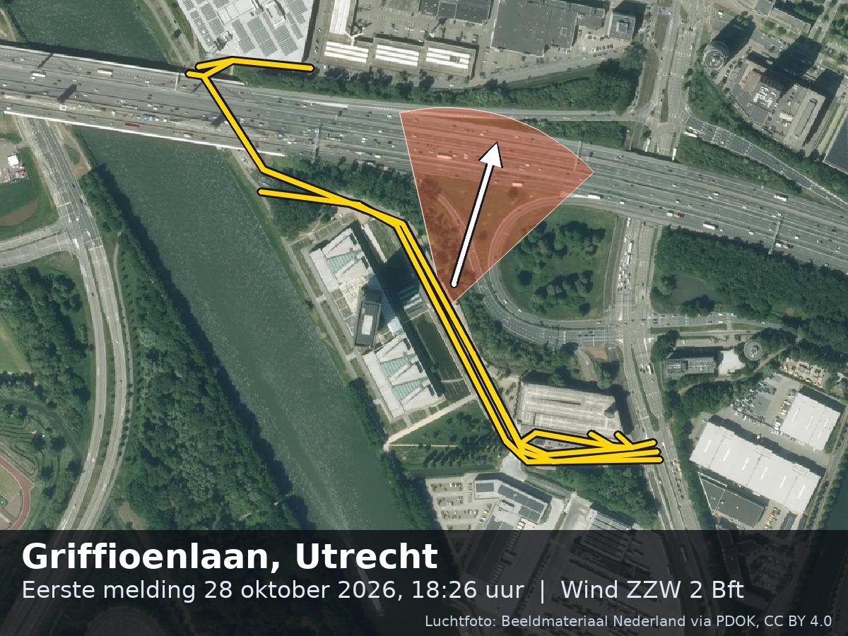 Luchtfoto van de omgeving van de Griffioenlaan in Utrecht met windrichting