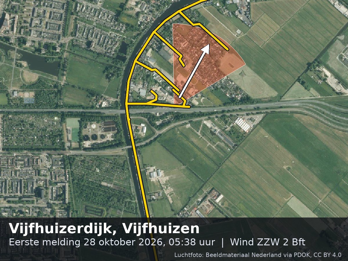 Luchtfoto van de omgeving van de Vijfhuizerdijk in Vijfhuizen met windrichting