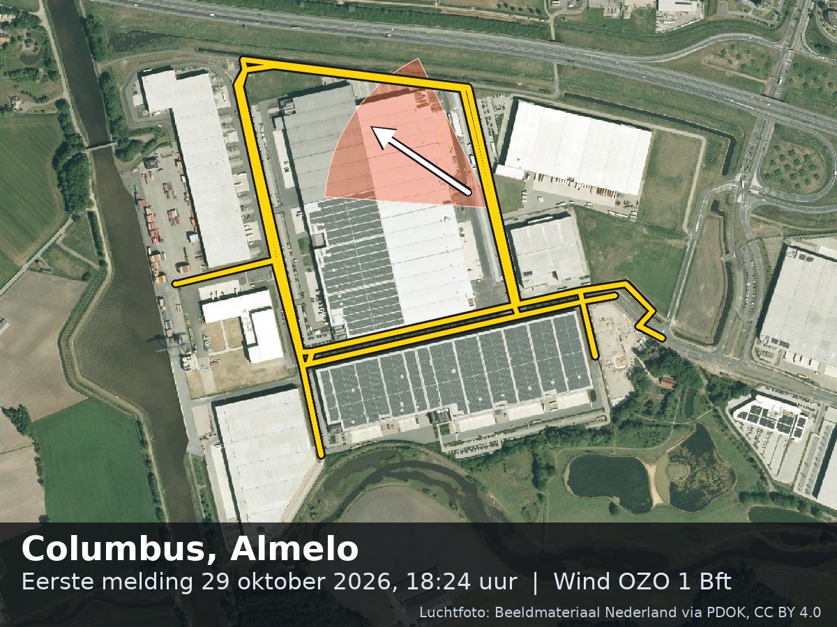 Luchtfoto van de omgeving van de Columbus in Almelo met windrichting
