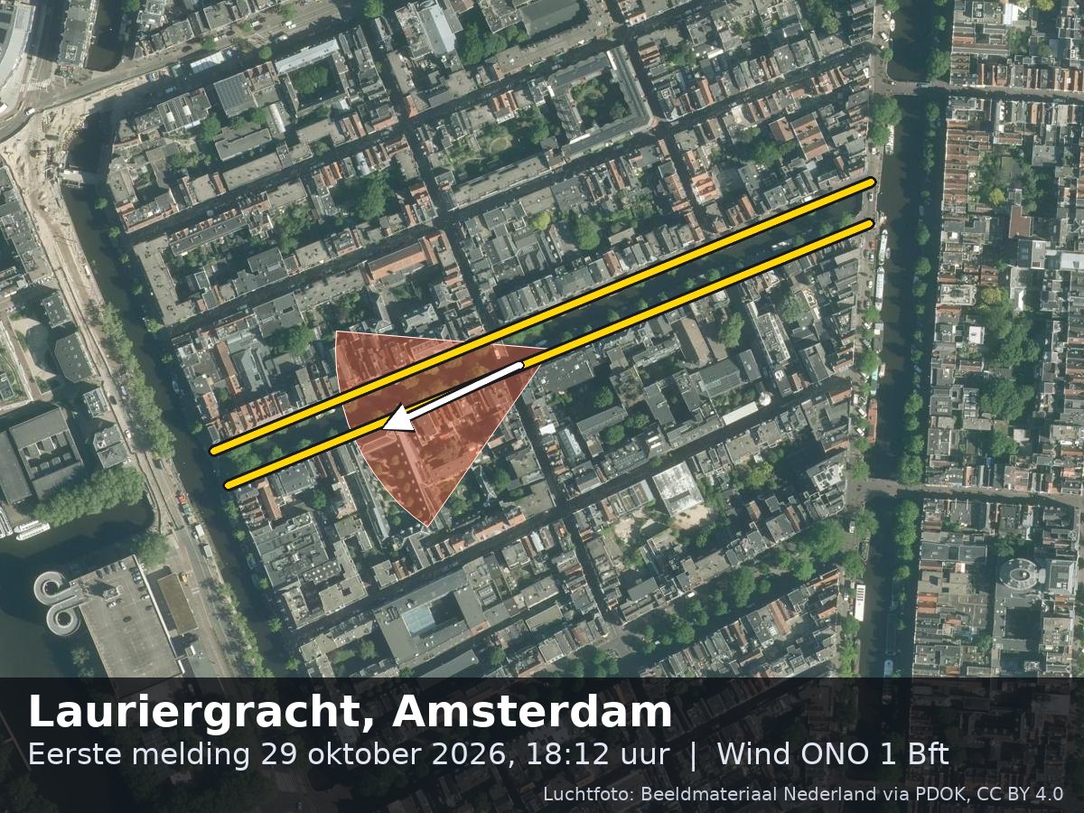 Luchtfoto van de omgeving van de Lauriergracht in Amsterdam met windrichting