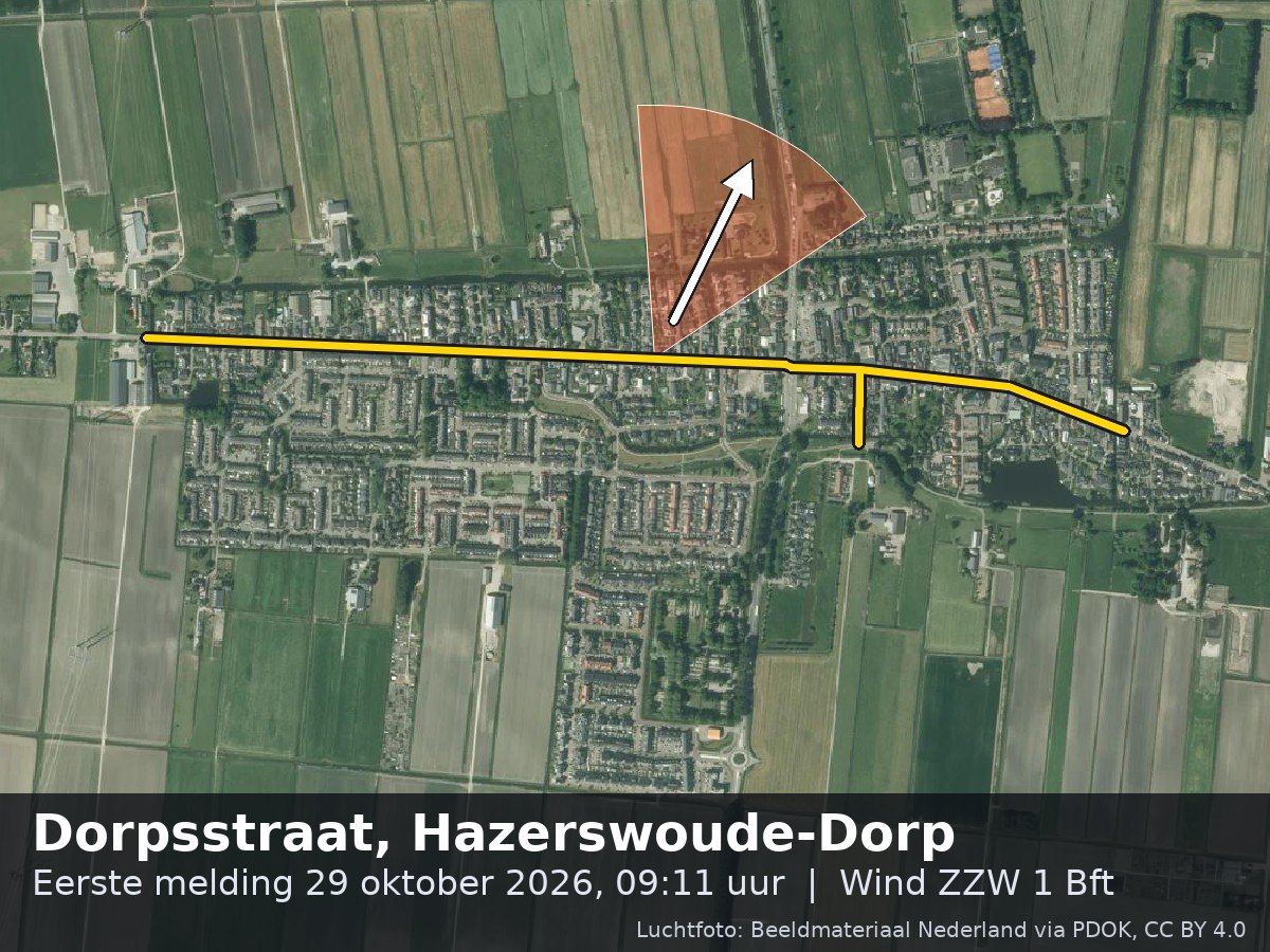 Luchtfoto van de omgeving van de Dorpsstraat in Hazerswoude-Dorp met windrichting