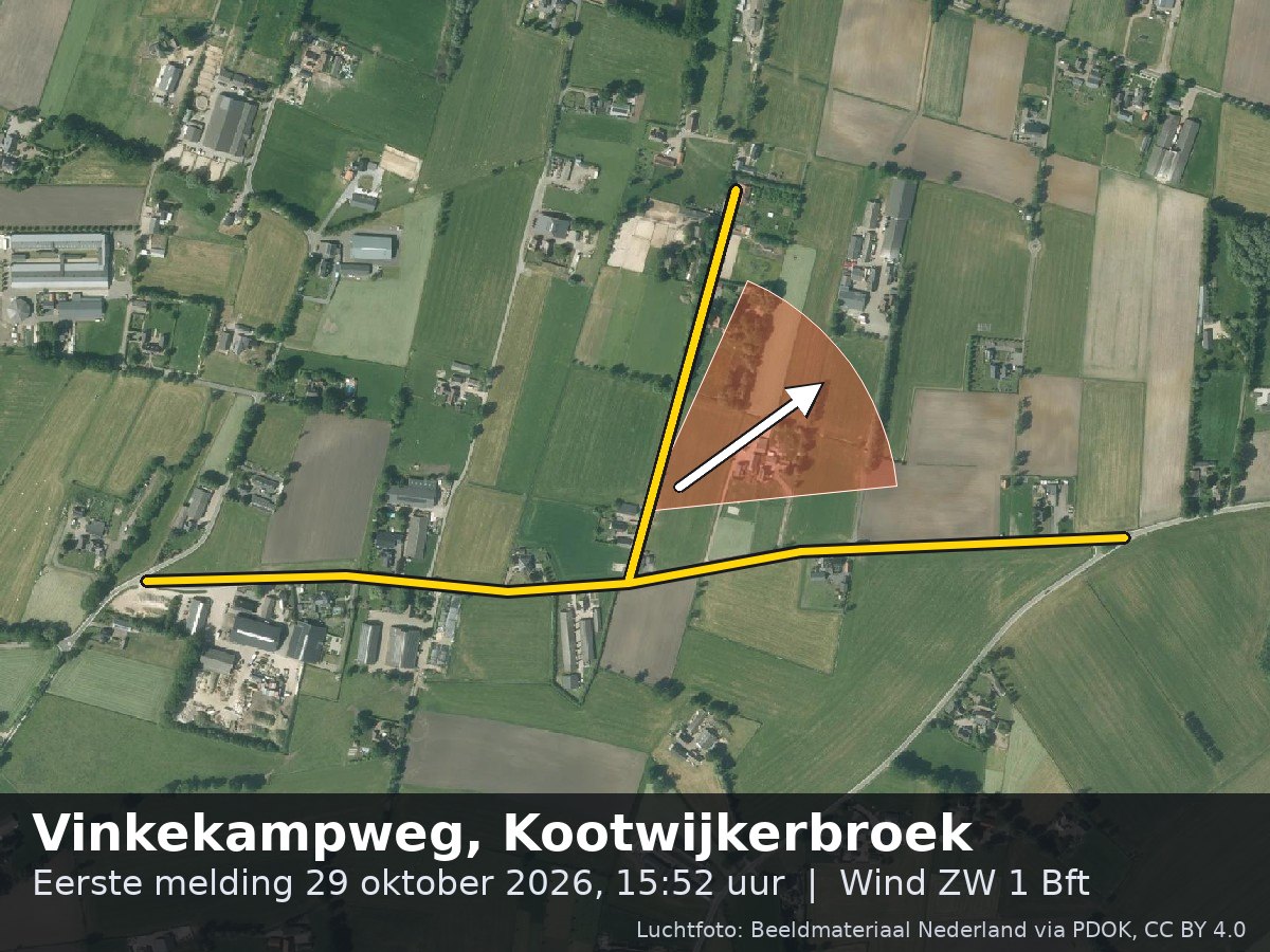 Luchtfoto van de omgeving van de Vinkekampweg in Kootwijkerbroek met windrichting
