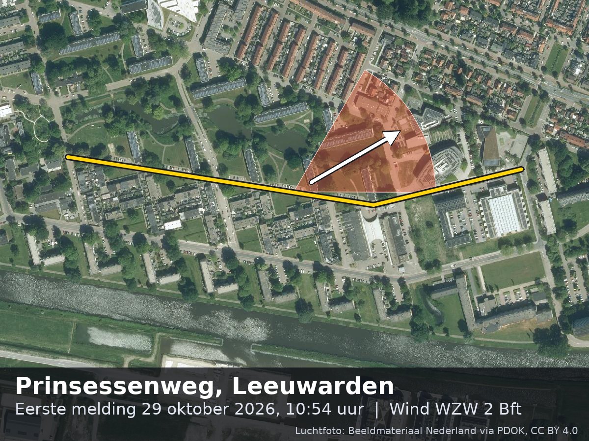 Luchtfoto van de omgeving van de Prinsessenweg in Leeuwarden met windrichting