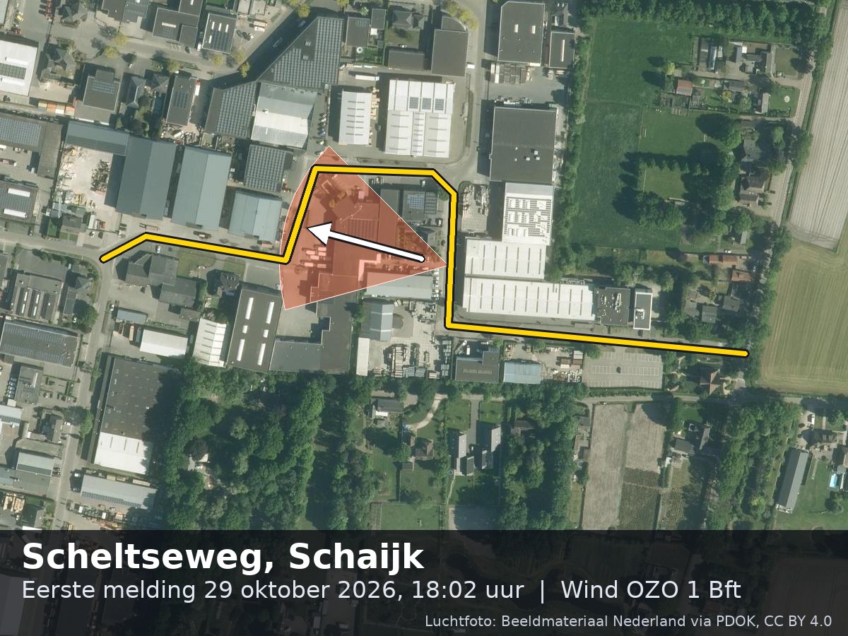 Luchtfoto van de omgeving van de Scheltseweg in Schaijk met windrichting