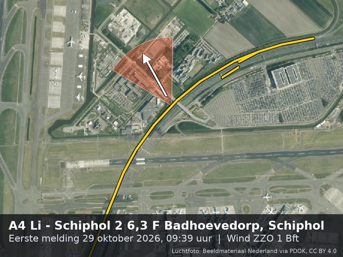 Luchtfoto van de omgeving van de A4 Li - Schiphol 2 6,3 F Badhoevedorp in Schiphol met windrichting