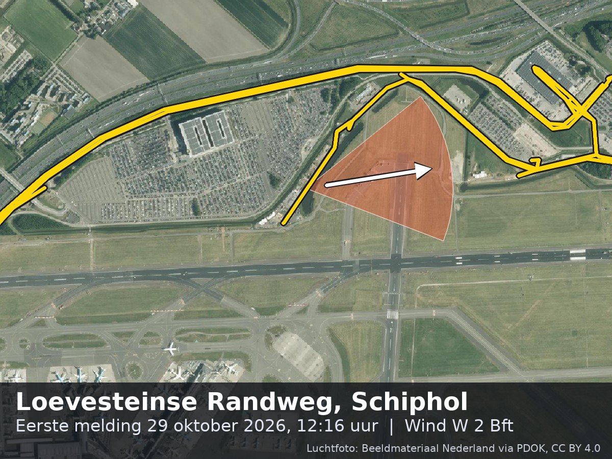 Luchtfoto van de omgeving van de Loevesteinse Randweg in Schiphol met windrichting