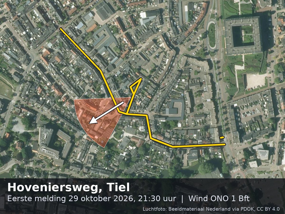 Luchtfoto van de omgeving van de Hoveniersweg in Tiel met windrichting