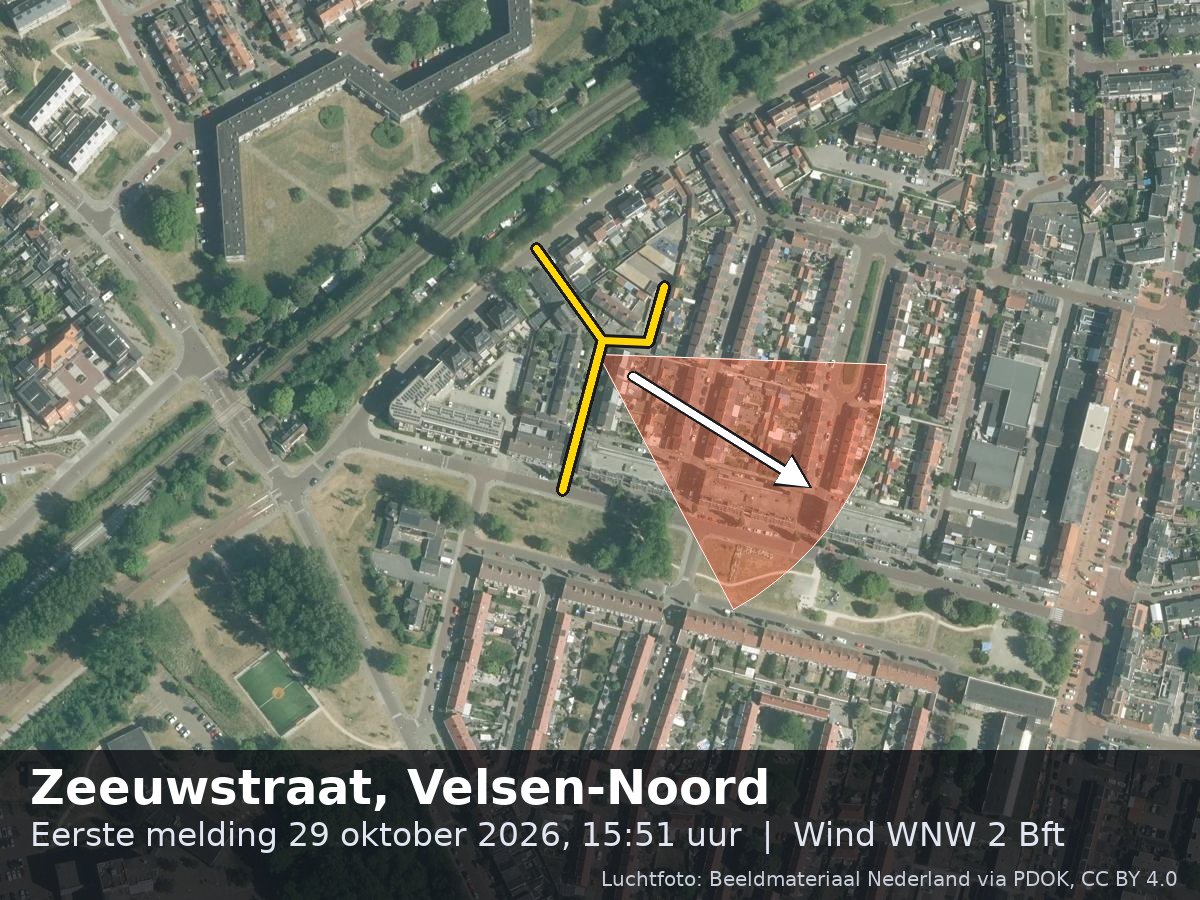 Luchtfoto van de omgeving van de Zeeuwstraat in Velsen-Noord met windrichting