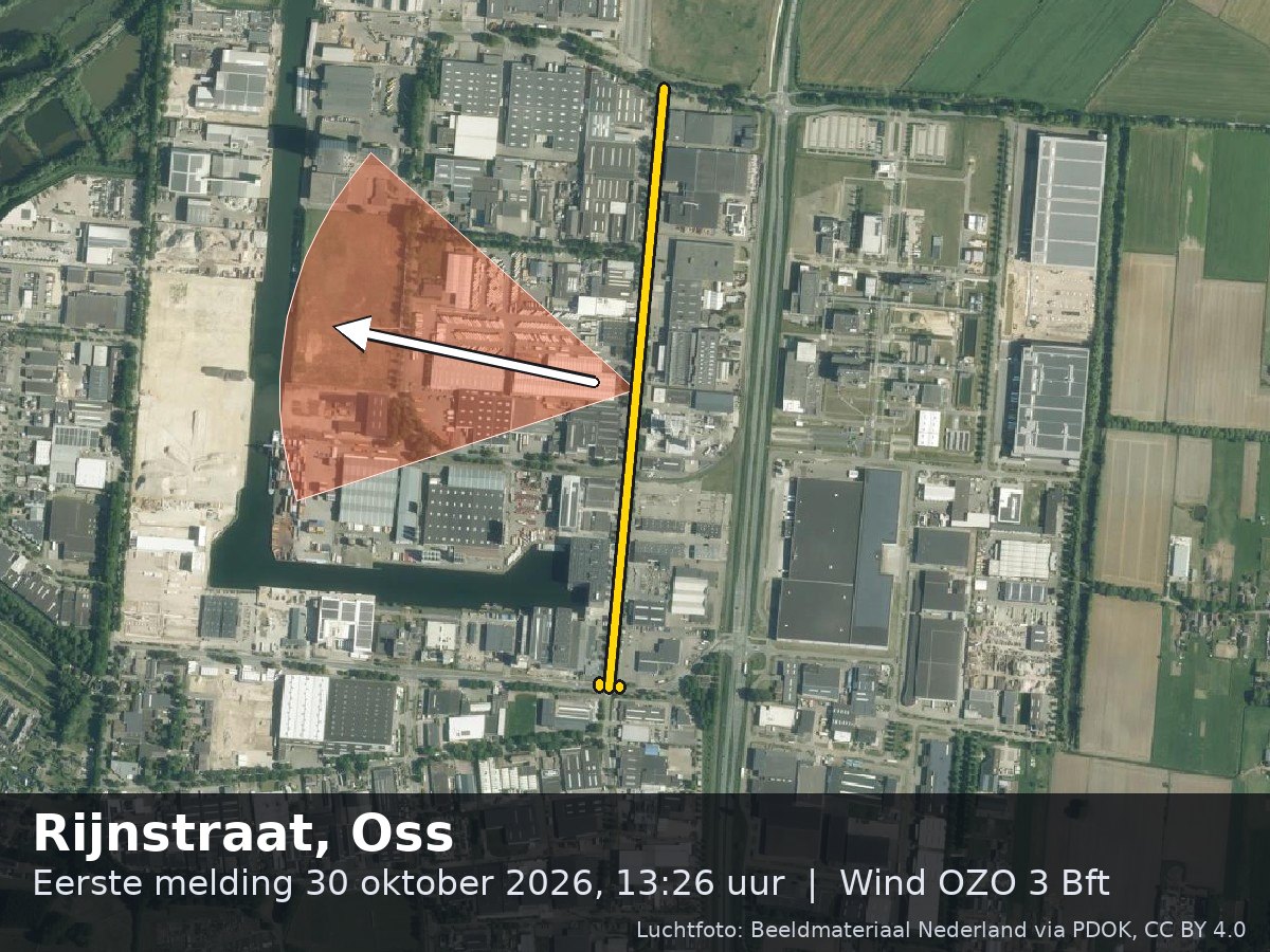 Luchtfoto van de omgeving van de Rijnstraat in Oss met windrichting