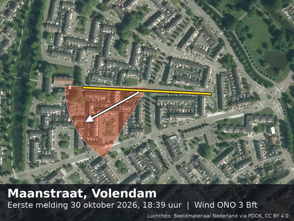 Luchtfoto van de omgeving van de Maanstraat in Volendam met windrichting
