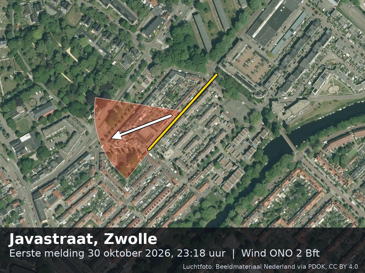 Luchtfoto van de omgeving van de Javastraat in Zwolle met windrichting