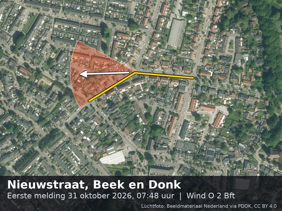 Luchtfoto van de omgeving van de Nieuwstraat in Beek en Donk met windrichting