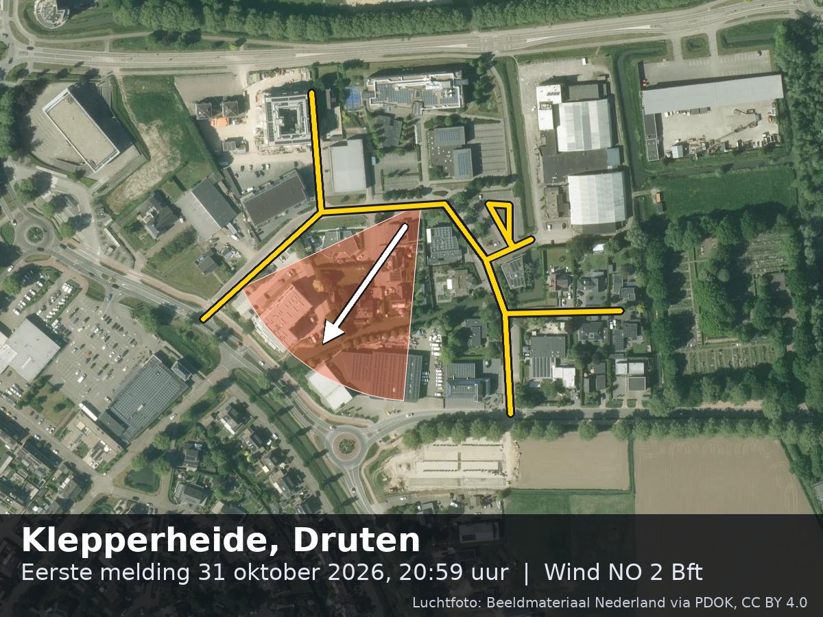 Luchtfoto van de omgeving van de Klepperheide in Druten met windrichting