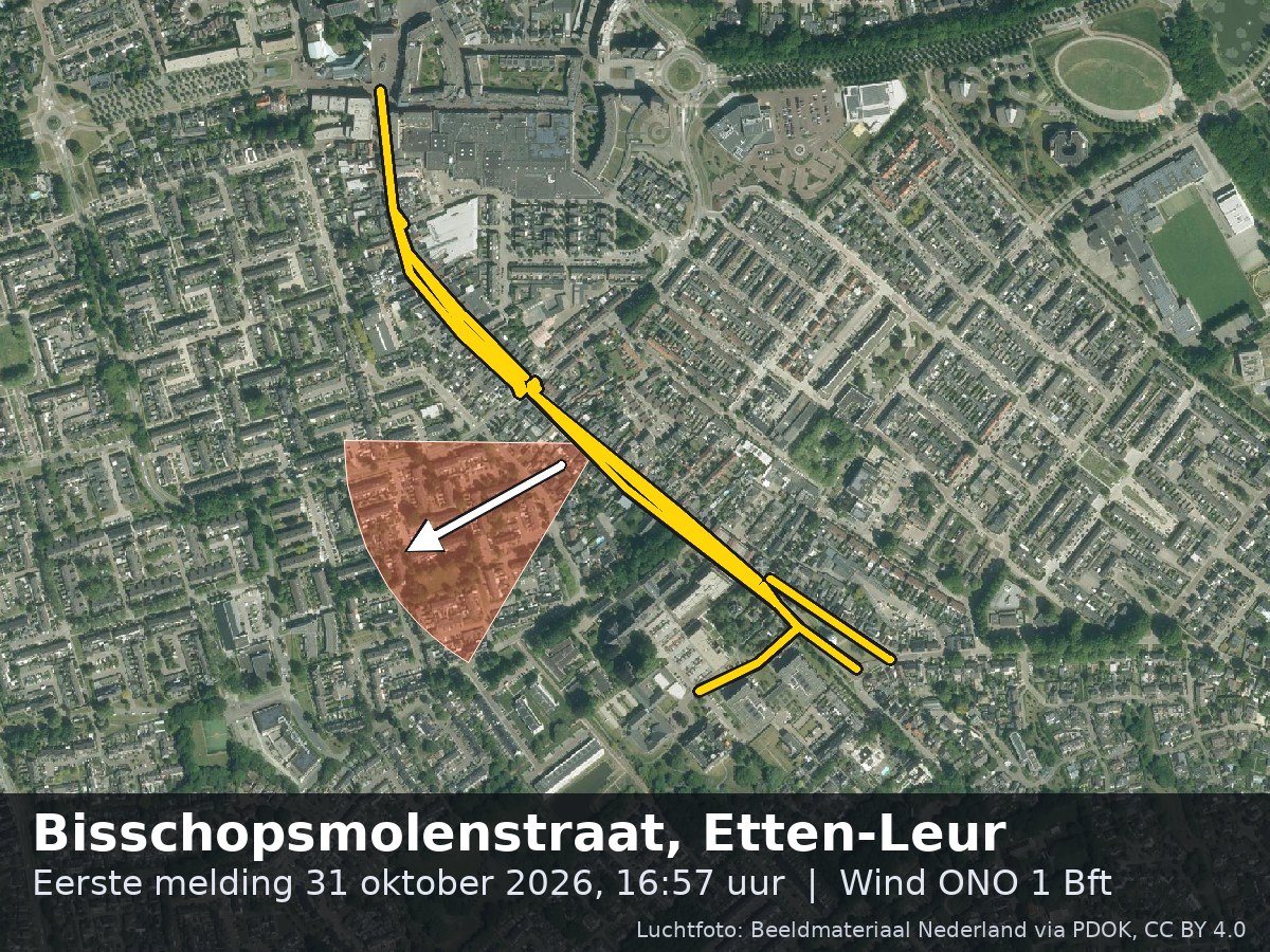 Luchtfoto van de omgeving van de Bisschopsmolenstraat in Etten-Leur met windrichting