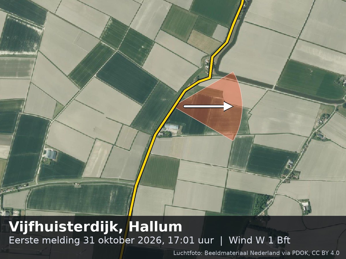 Luchtfoto van de omgeving van de Vijfhuisterdijk in Hallum met windrichting