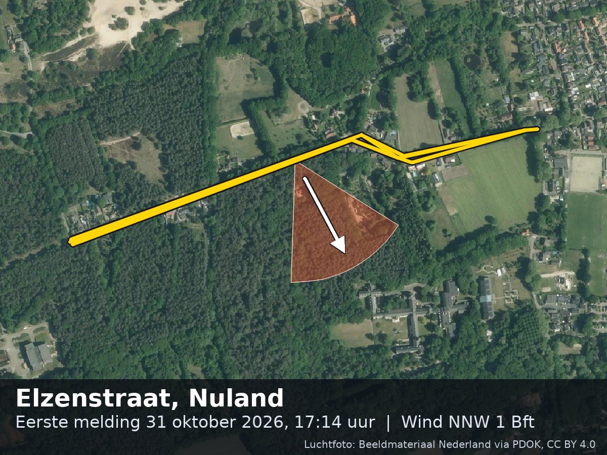 Luchtfoto van de omgeving van de Elzenstraat in Nuland met windrichting