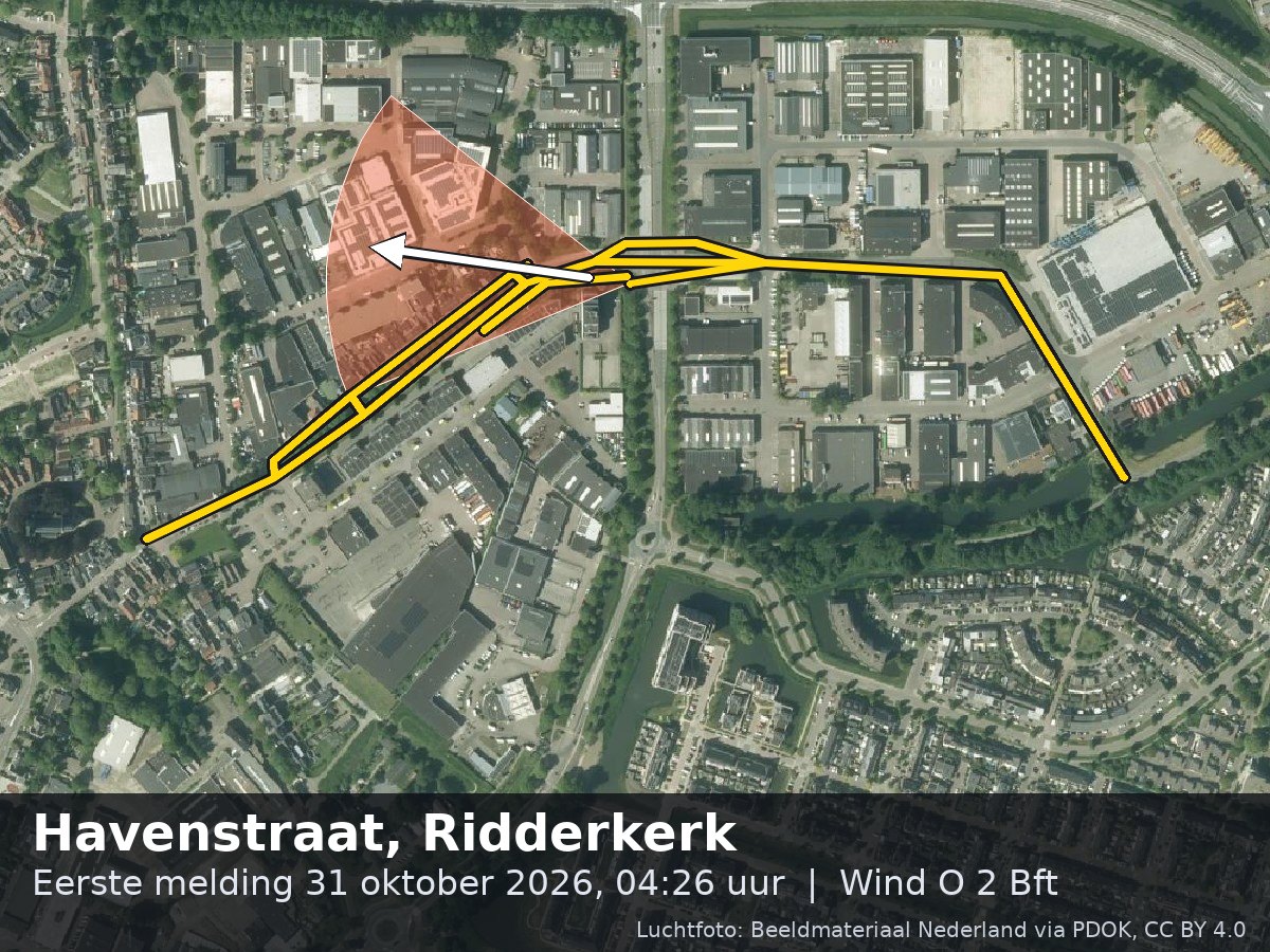 Luchtfoto van de omgeving van de Havenstraat in Ridderkerk met windrichting