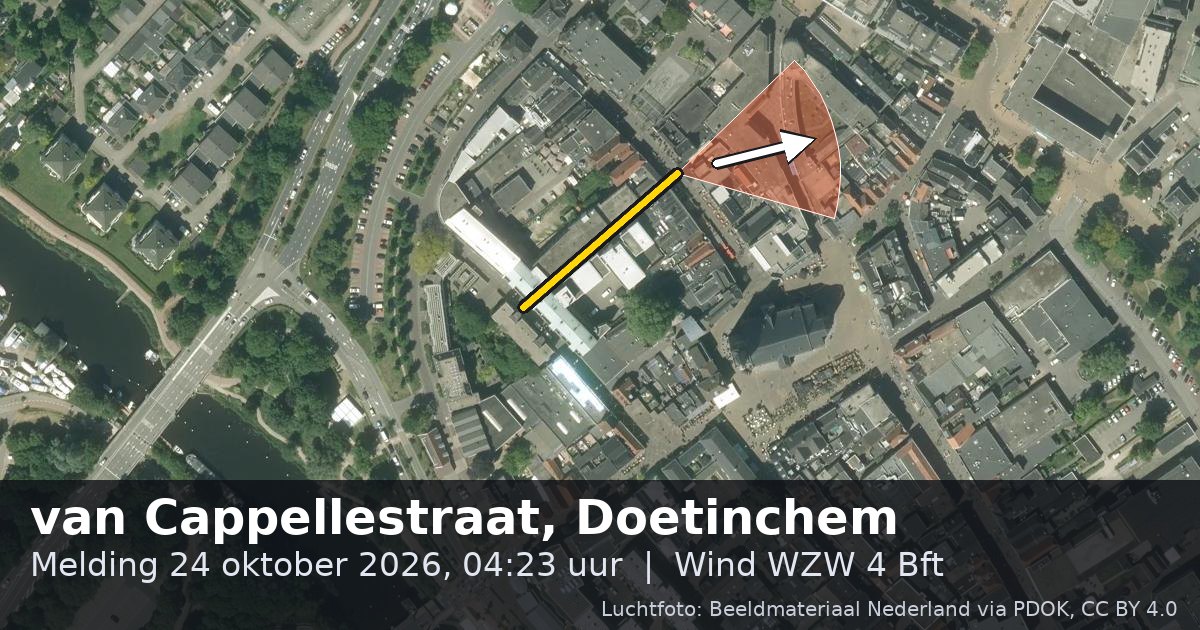 Luchtfoto van de van Cappellestraat in Doetinchem, met de straat gemarkeerd en een pijl in de windrichting