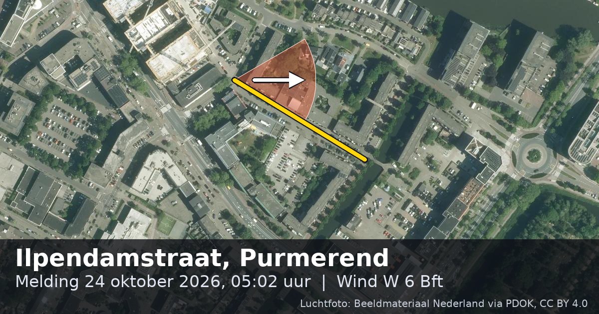 Luchtfoto van de Ilpendamstraat in Purmerend, met de straat gemarkeerd en een pijl in de windrichting