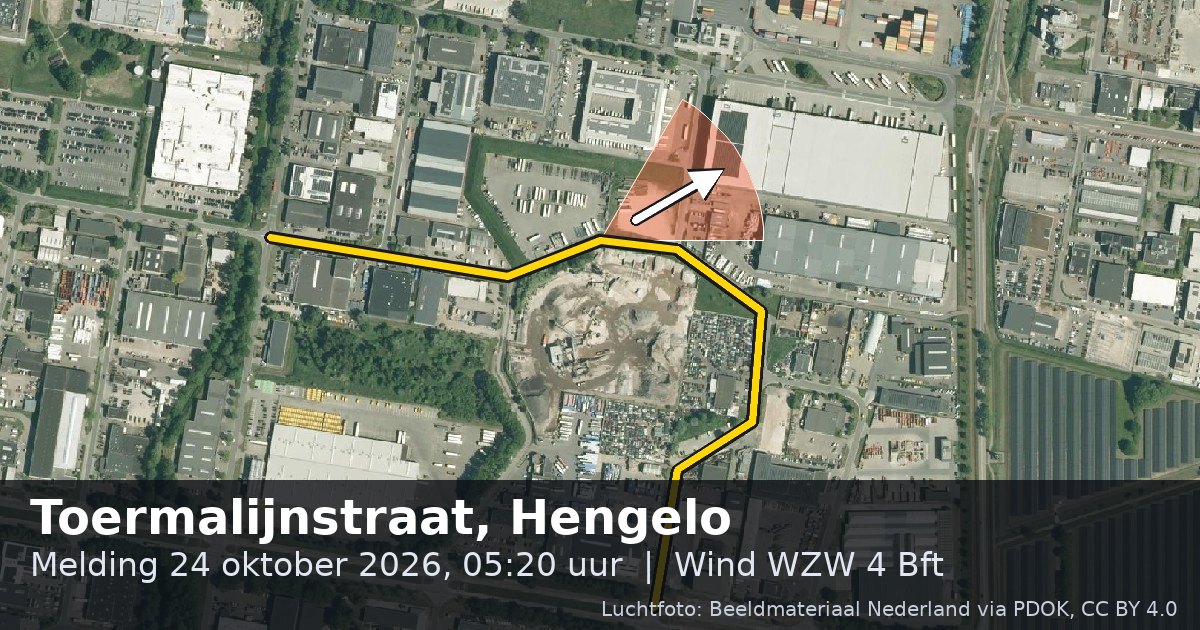 Luchtfoto van de Toermalijnstraat in Hengelo, met de straat gemarkeerd en een pijl in de windrichting