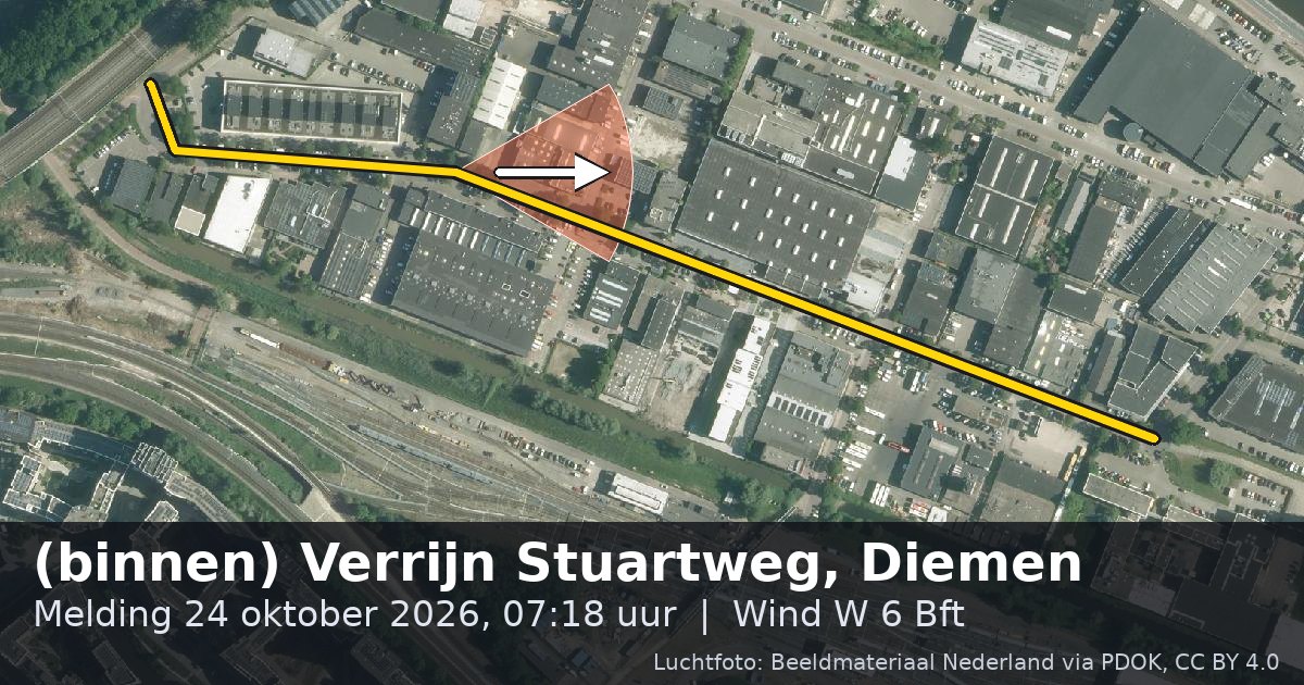 Luchtfoto van de (binnen) Verrijn Stuartweg in Diemen, met de straat gemarkeerd en een pijl in de windrichting