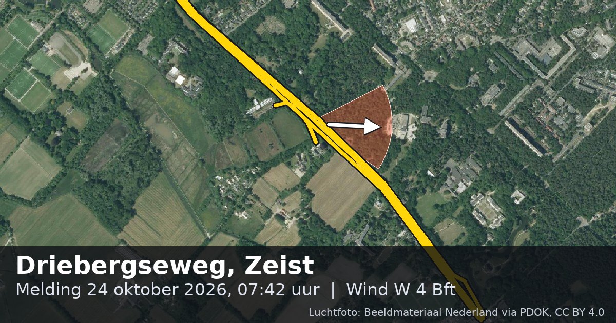 Luchtfoto van de Driebergseweg in Zeist, met de straat gemarkeerd en een pijl in de windrichting