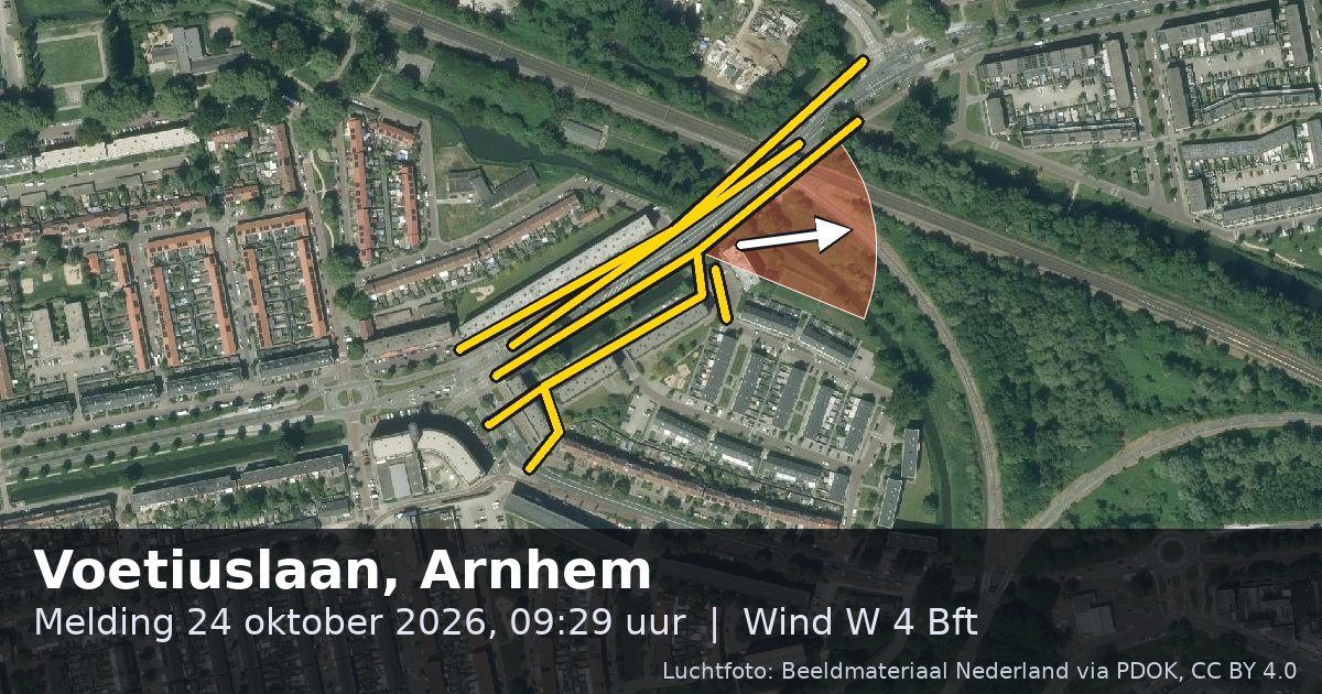 Luchtfoto van de Voetiuslaan in Arnhem, met de straat gemarkeerd en een pijl in de windrichting