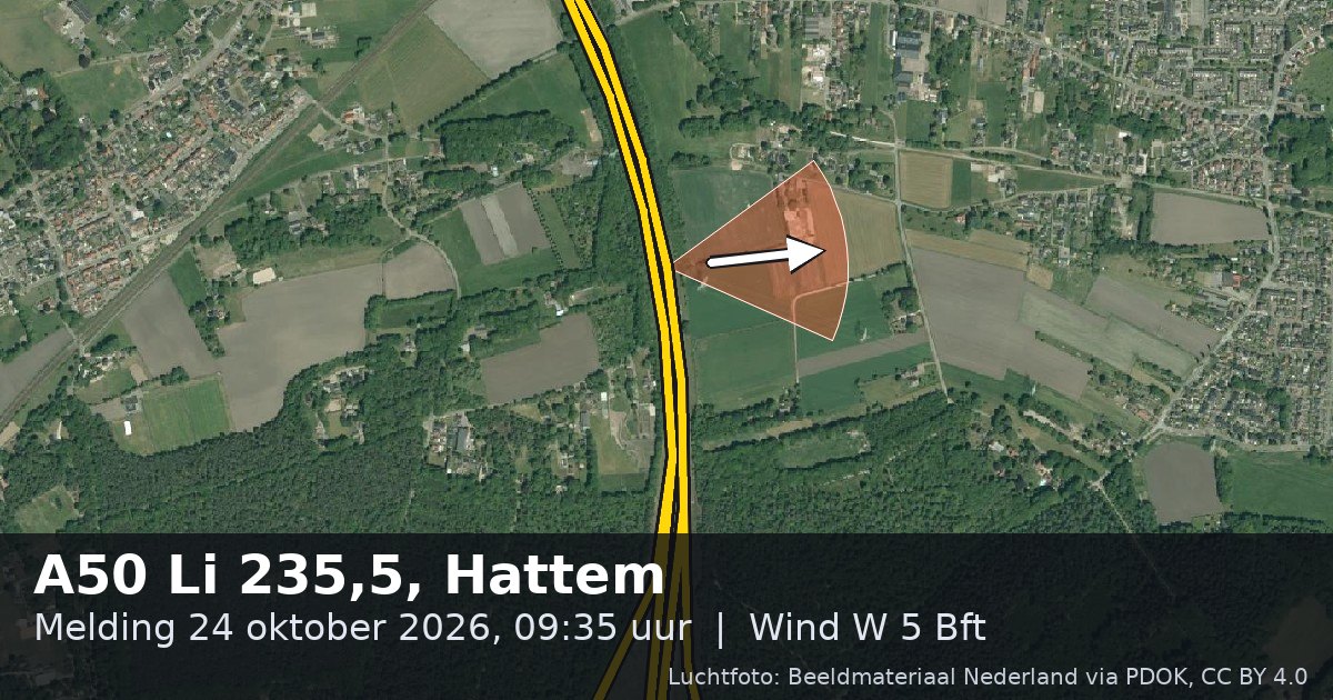 Luchtfoto van de A50 Li 235,5 in Hattem, met de straat gemarkeerd en een pijl in de windrichting