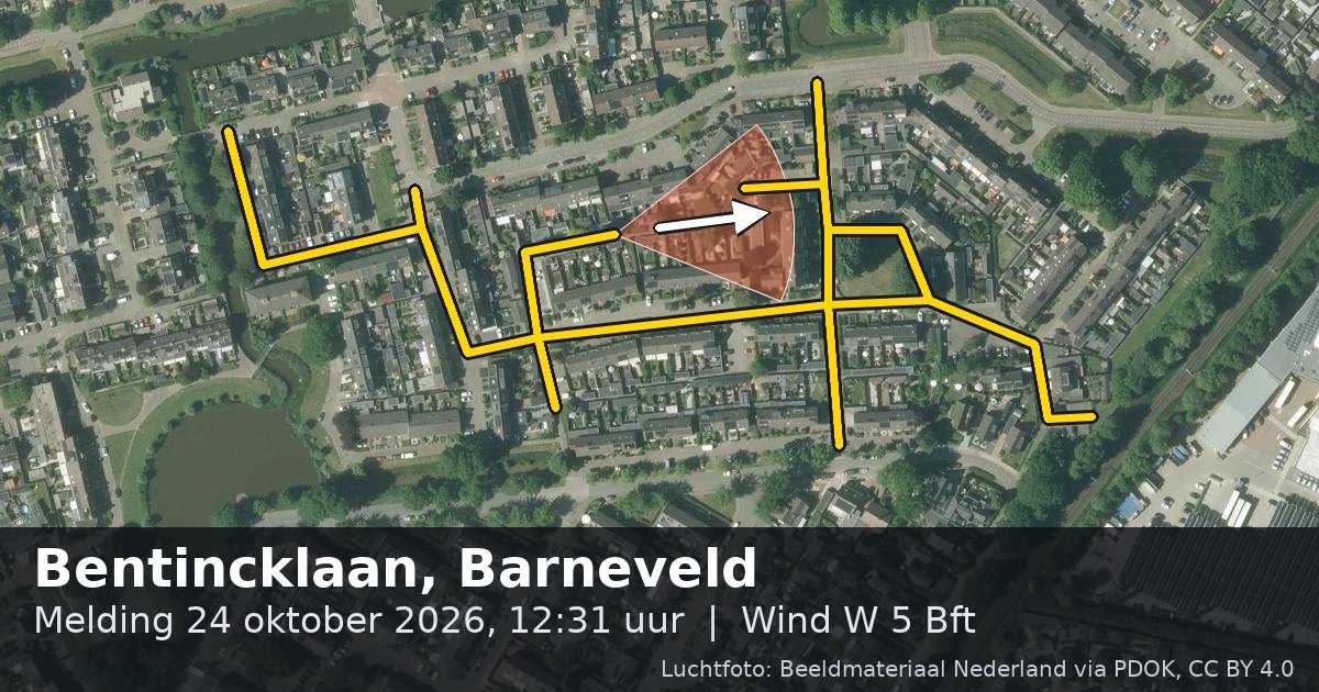 Luchtfoto van de Bentincklaan in Barneveld, met de straat gemarkeerd en een pijl in de windrichting
