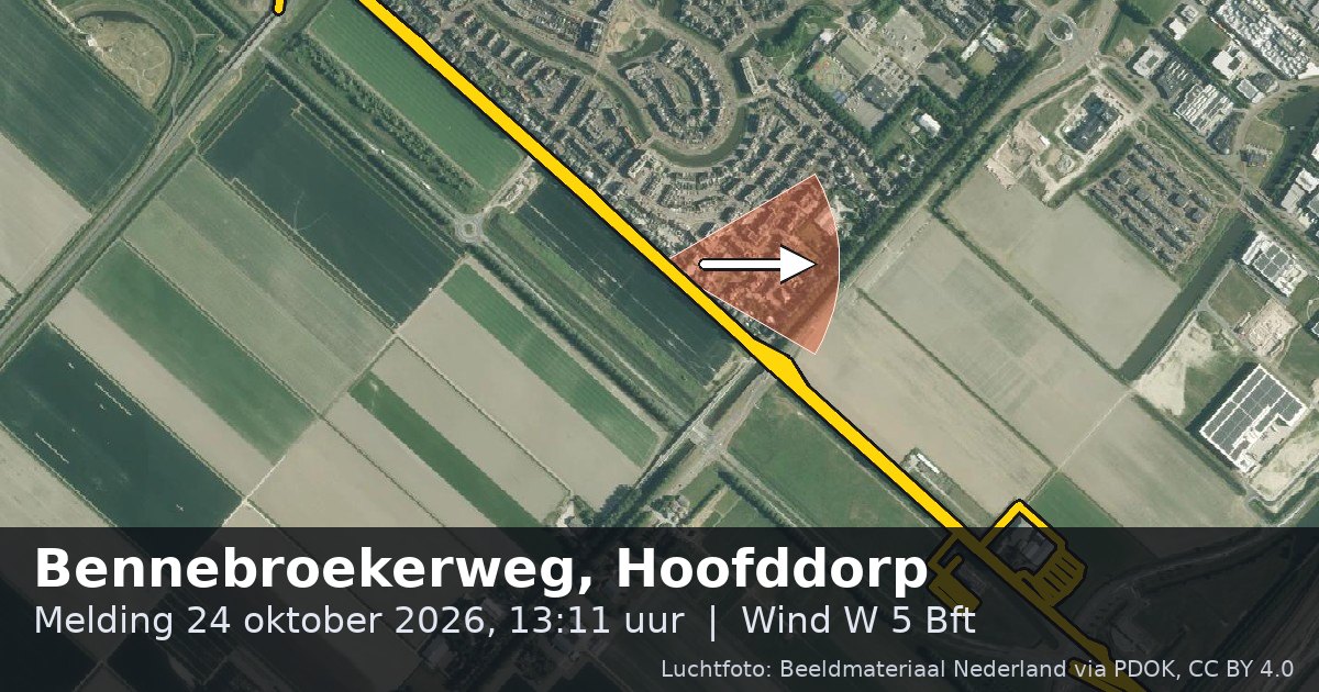 Luchtfoto van de Bennebroekerweg in Hoofddorp, met de straat gemarkeerd en een pijl in de windrichting