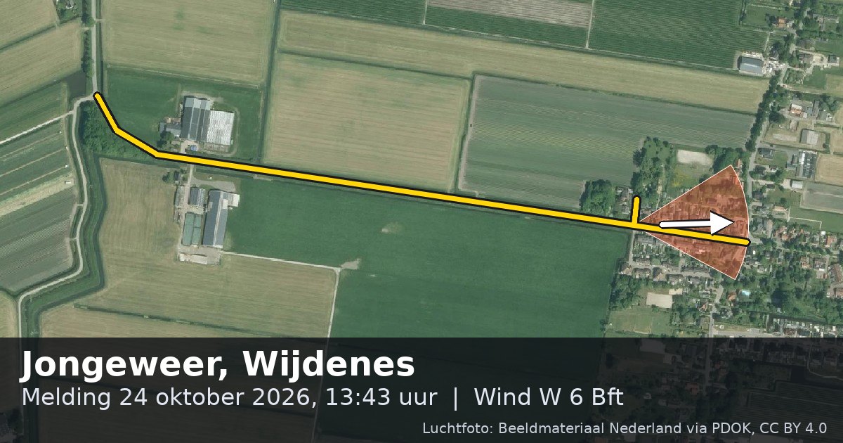 Luchtfoto van de Jongeweer in Wijdenes, met de straat gemarkeerd en een pijl in de windrichting