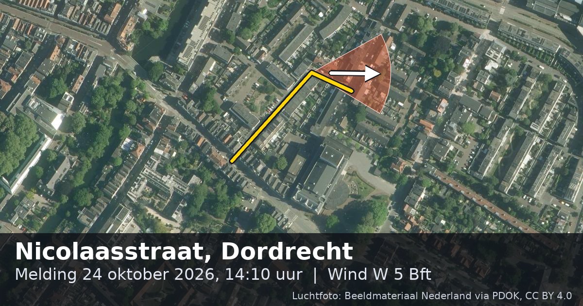 Luchtfoto van de Nicolaasstraat in Dordrecht, met de straat gemarkeerd en een pijl in de windrichting