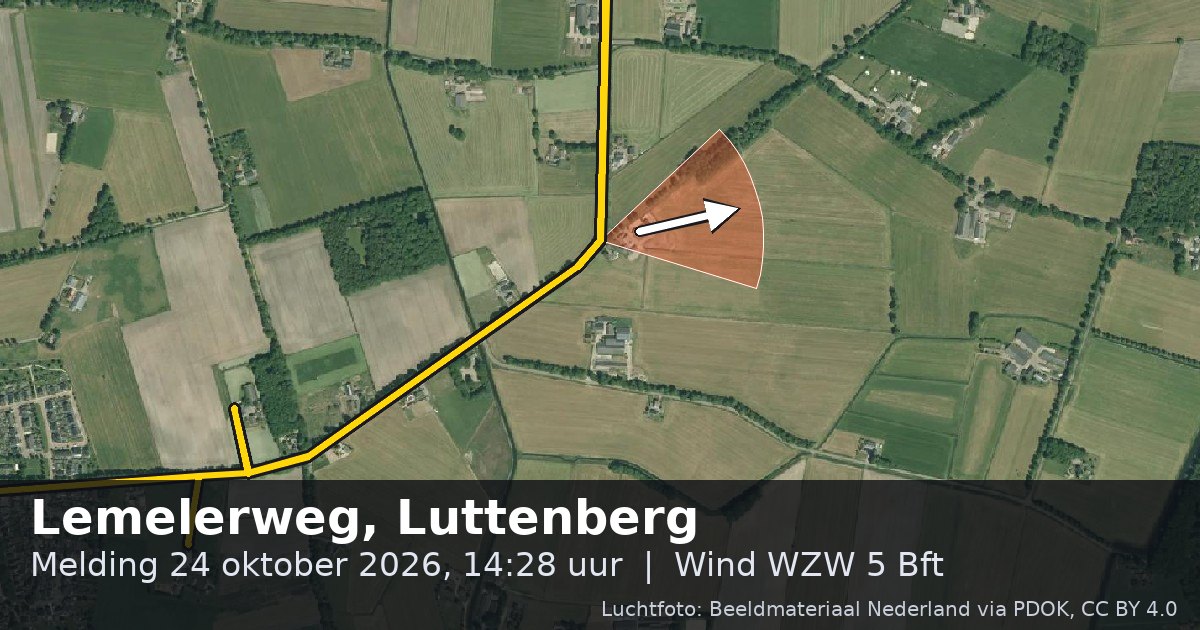 Luchtfoto van de Lemelerweg in Luttenberg, met de straat gemarkeerd en een pijl in de windrichting