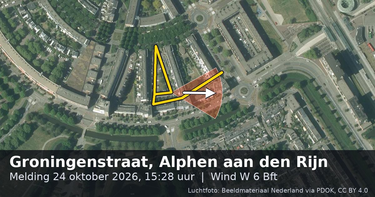 Luchtfoto van de Groningenstraat in Alphen aan den Rijn, met de straat gemarkeerd en een pijl in de windrichting