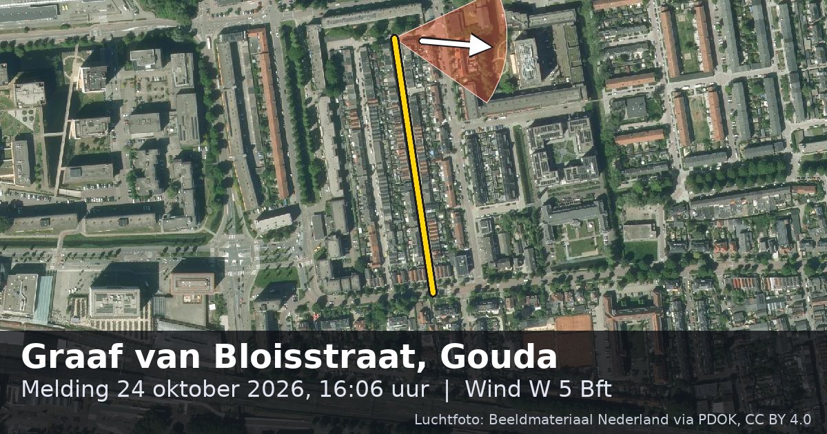 Luchtfoto van de Graaf van Bloisstraat in Gouda, met de straat gemarkeerd en een pijl in de windrichting