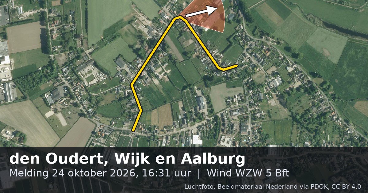 Luchtfoto van de den Oudert in Wijk en Aalburg, met de straat gemarkeerd en een pijl in de windrichting