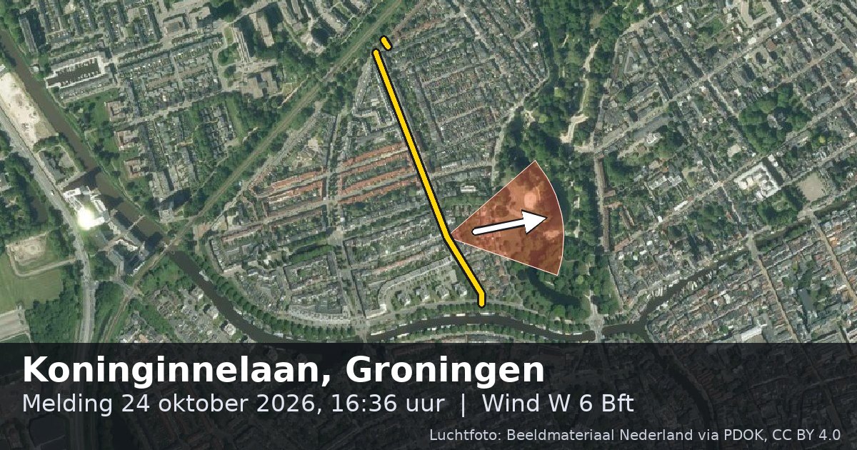 Luchtfoto van de Koninginnelaan in Groningen, met de straat gemarkeerd en een pijl in de windrichting