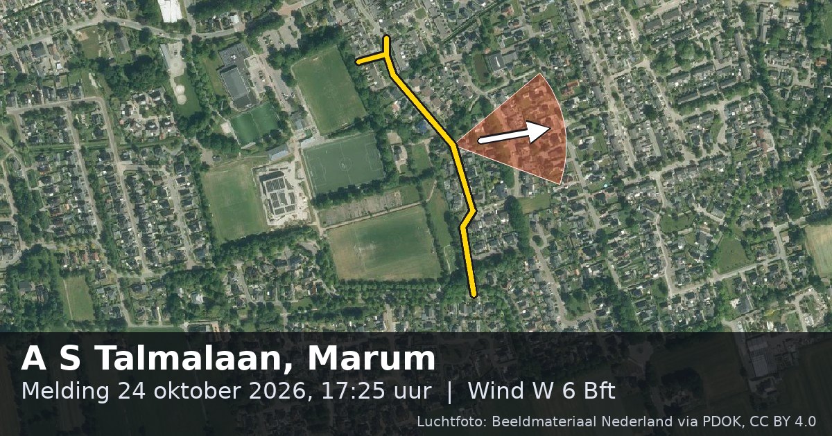 Luchtfoto van de A S Talmalaan in Marum, met de straat gemarkeerd en een pijl in de windrichting